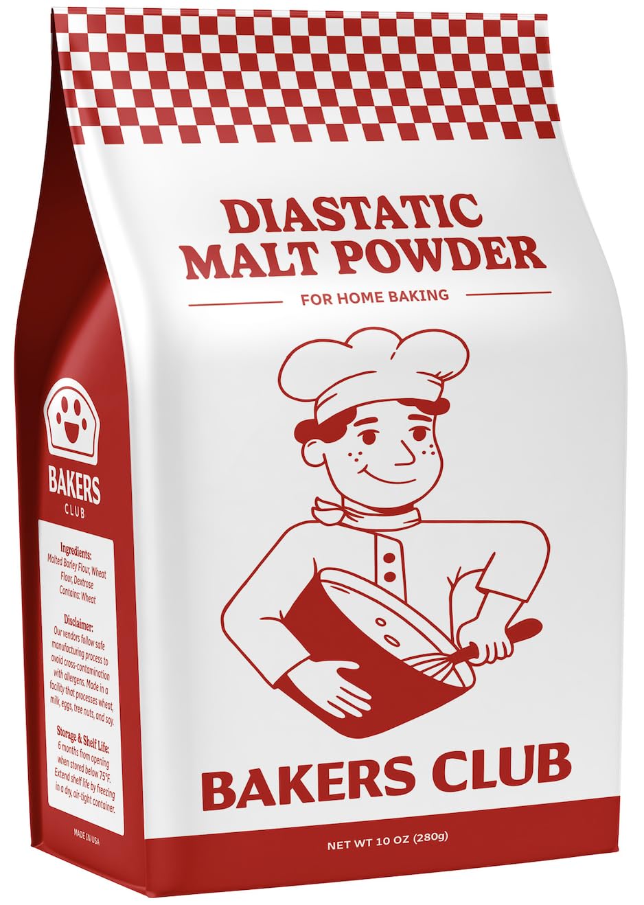 Bakers Club Diastatic Malt Powder bottle showing premium rise support for bakery-worthy loaves