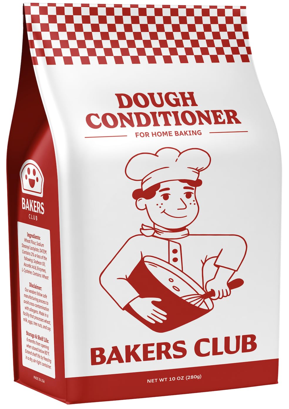 Bakers Club Artisan Dough Conditioner bottle showing smoother, more elastic dough texture