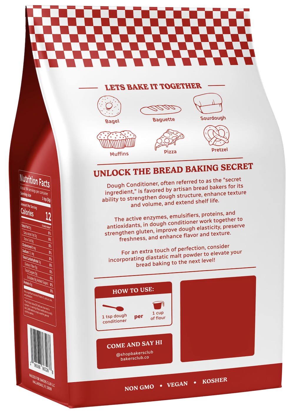 Bakers Club Artisan Dough Conditioner label highlighting texture improvement and freshness benefits