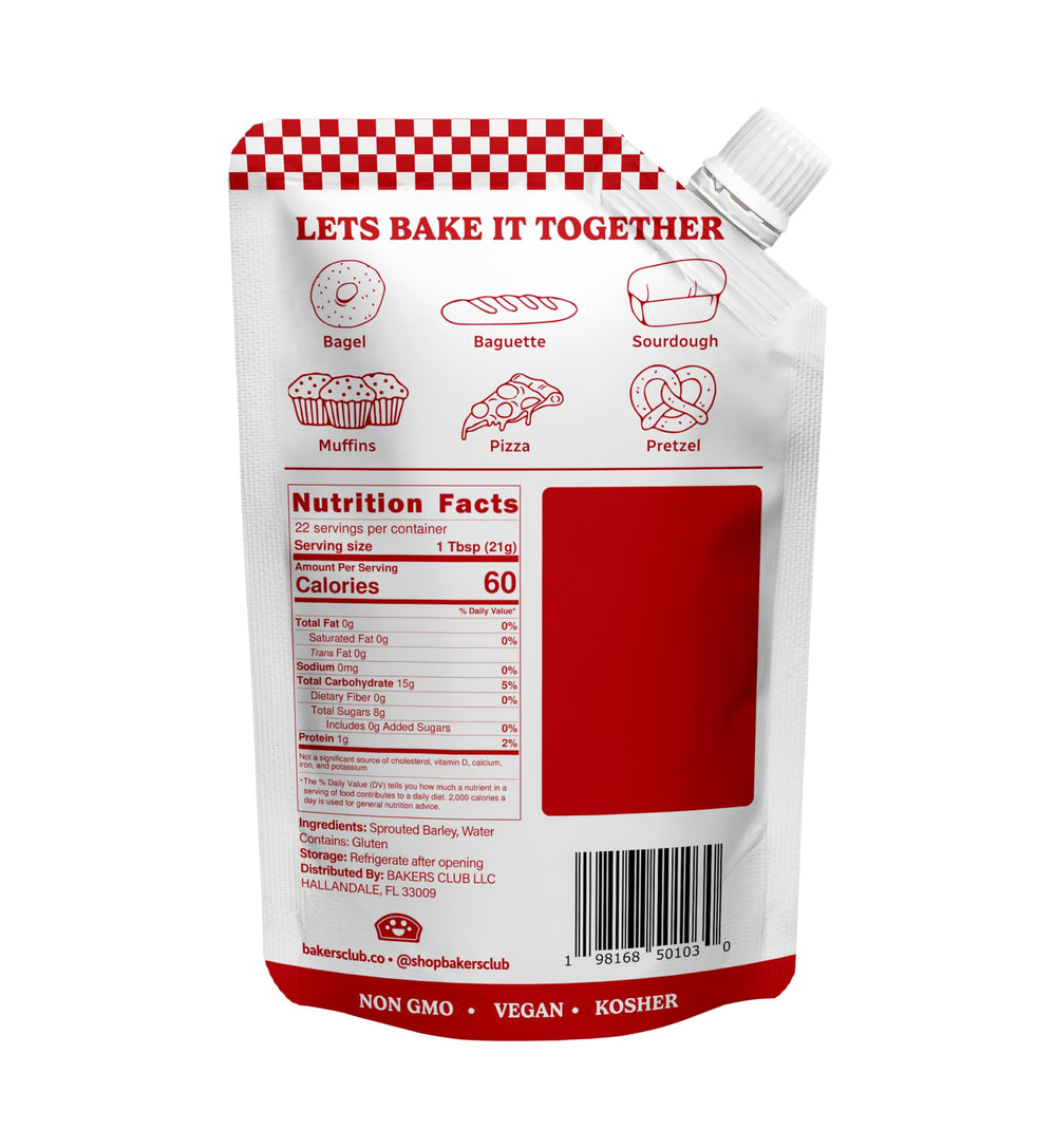 Bakers Club Barley Malt Syrup ingredients sprouted barley highlight natural sweetness for recipes.