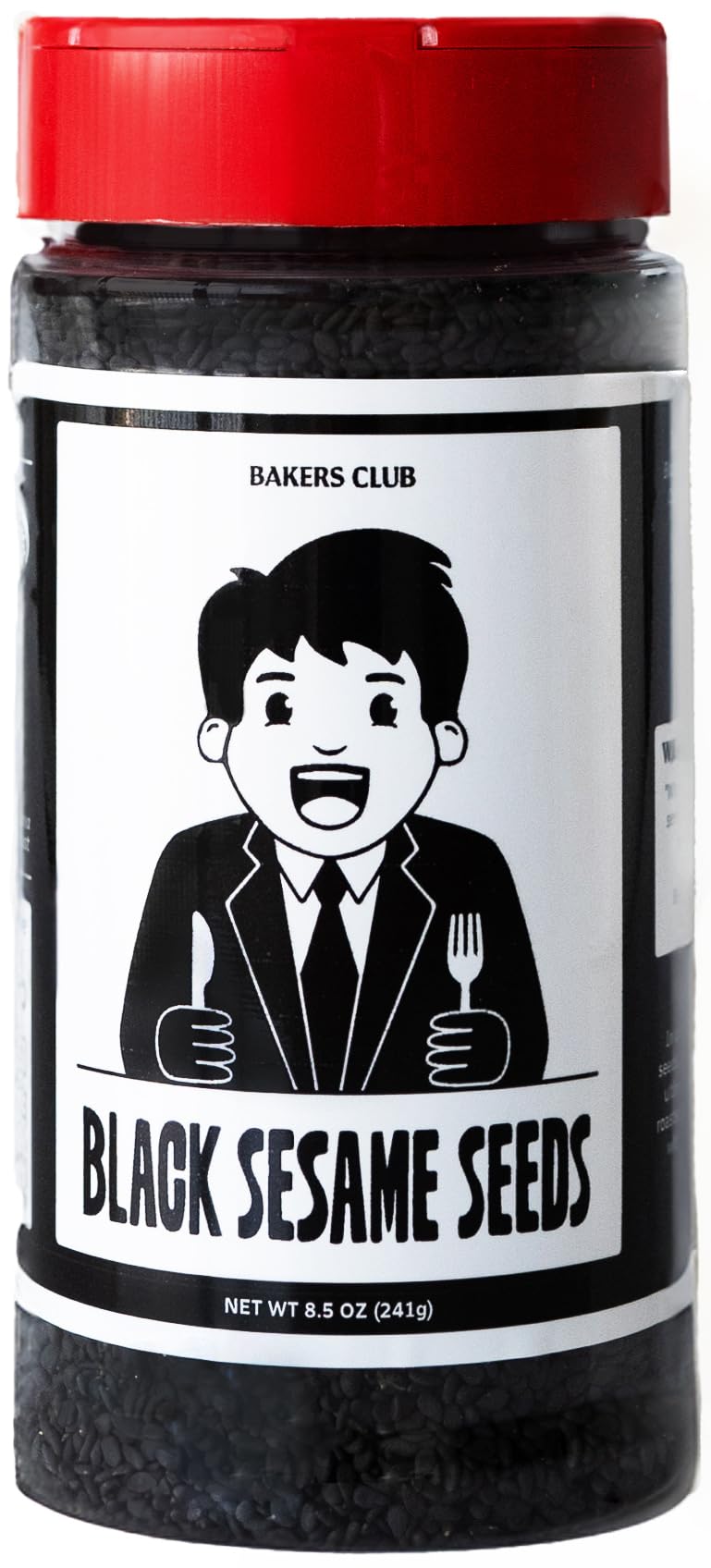 BAKERS CLUB premium black sesame seeds in a glass jar for pantry storage and pourable convenience.