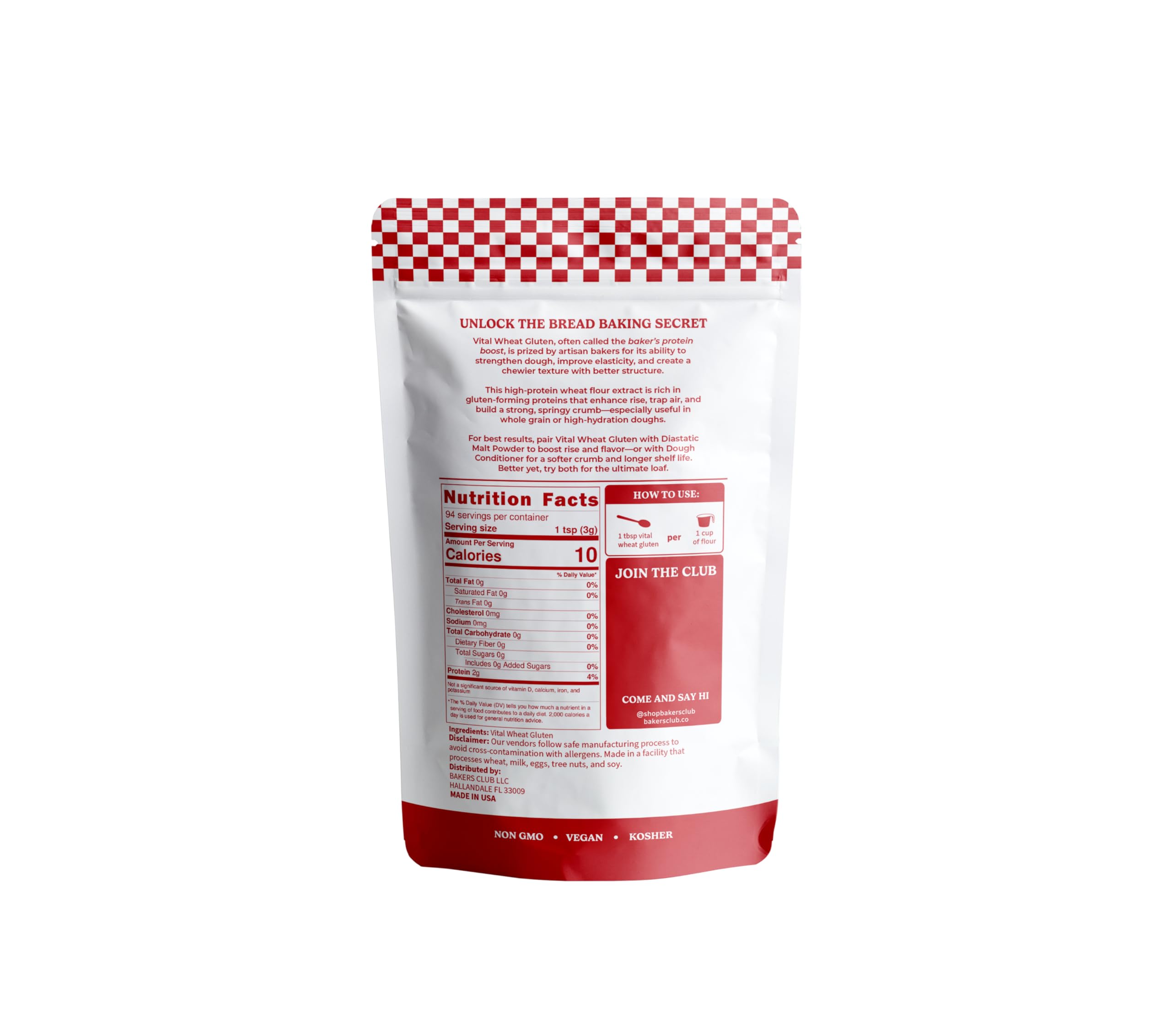 BAKERS CLUB Vital Wheat Gluten measuring scoop demonstrates easy addition to flour for elasticity