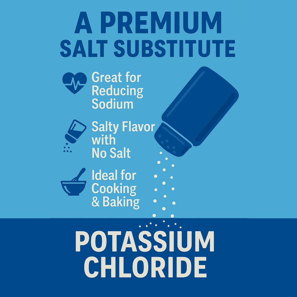 Bakers Club Potassium Chloride Powder label visible, highlighting a filler-free formula.