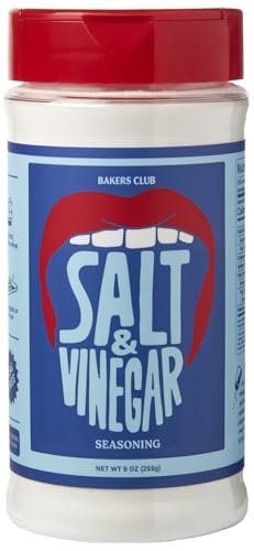 Bakers Club Salt and Vinegar Seasoning bottle pour highlights tangy, zesty flavor for fries and wings