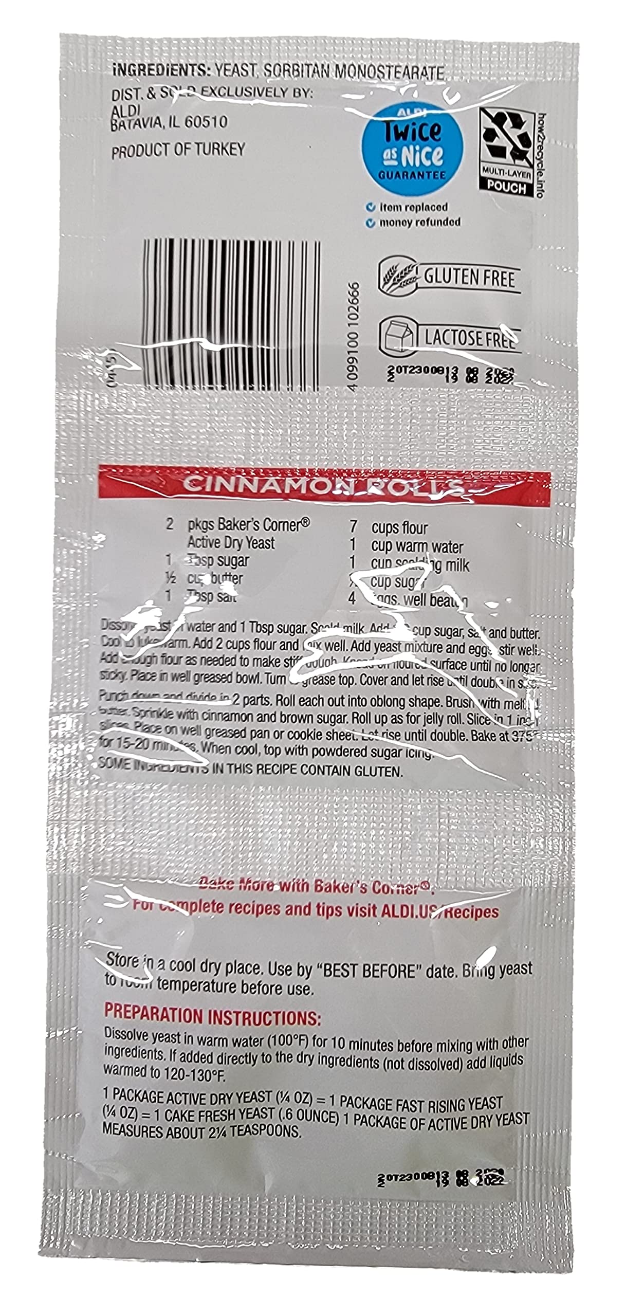 Baker's Corner Active Dry Yeast strip 3-pack close-up granules ready to measure.