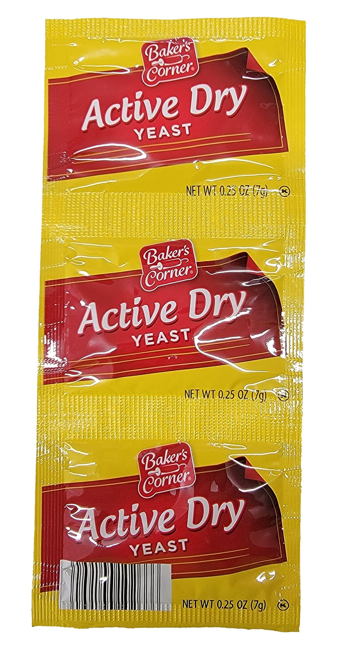 Baker's Corner Active Dry Yeast strip 3-pack front packaging for reliable gluten-free dough rise.