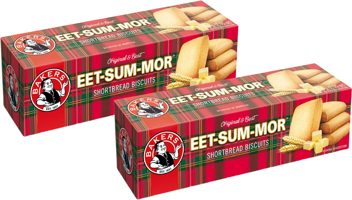 Bakers Eet Sum Mor biscuits 200g pack on a kitchen counter, ideal for sharing.