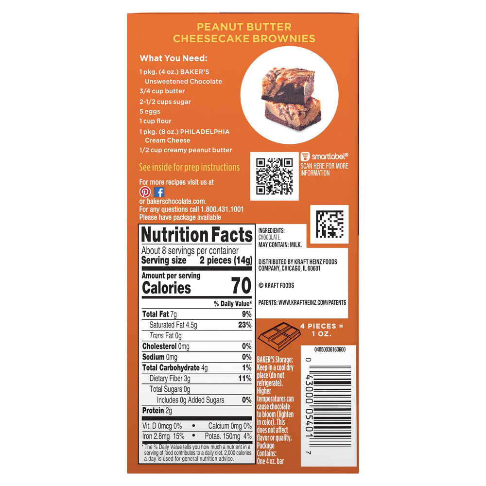 Baker's Unsweetened bar box packaging shown, preserving freshness in a dry pantry
