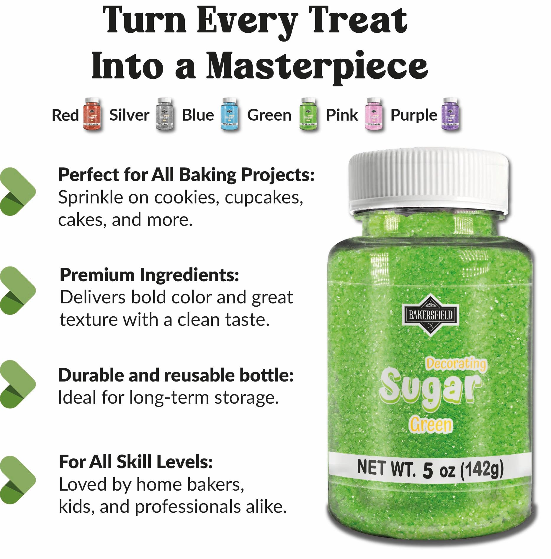 Bakersfield green sugar bottle for fresh color in desserts