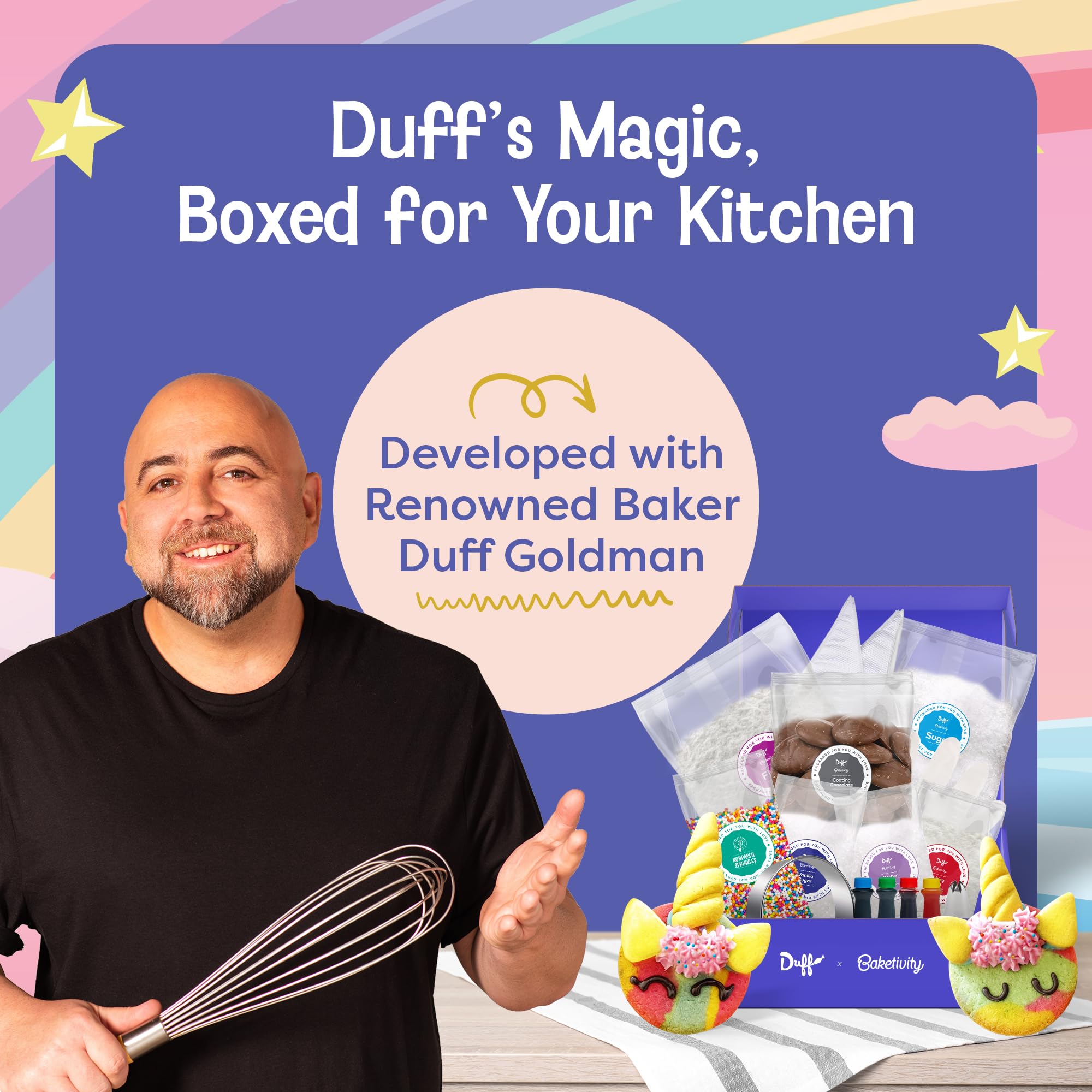 Baketivity color-dyeing and decorating supplies for creative unicorn cookies.