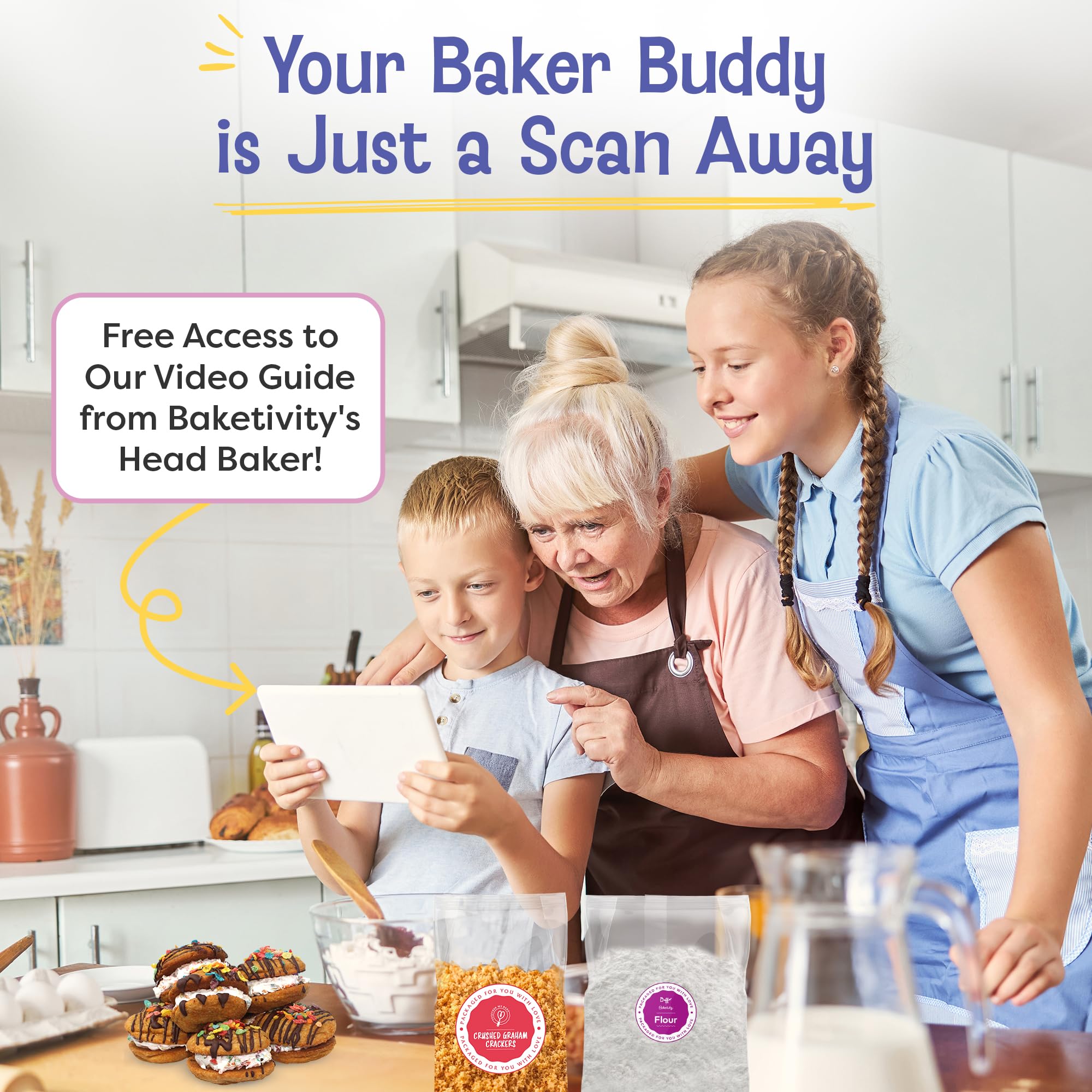Family baking memories with Baketivity kit in kitchen