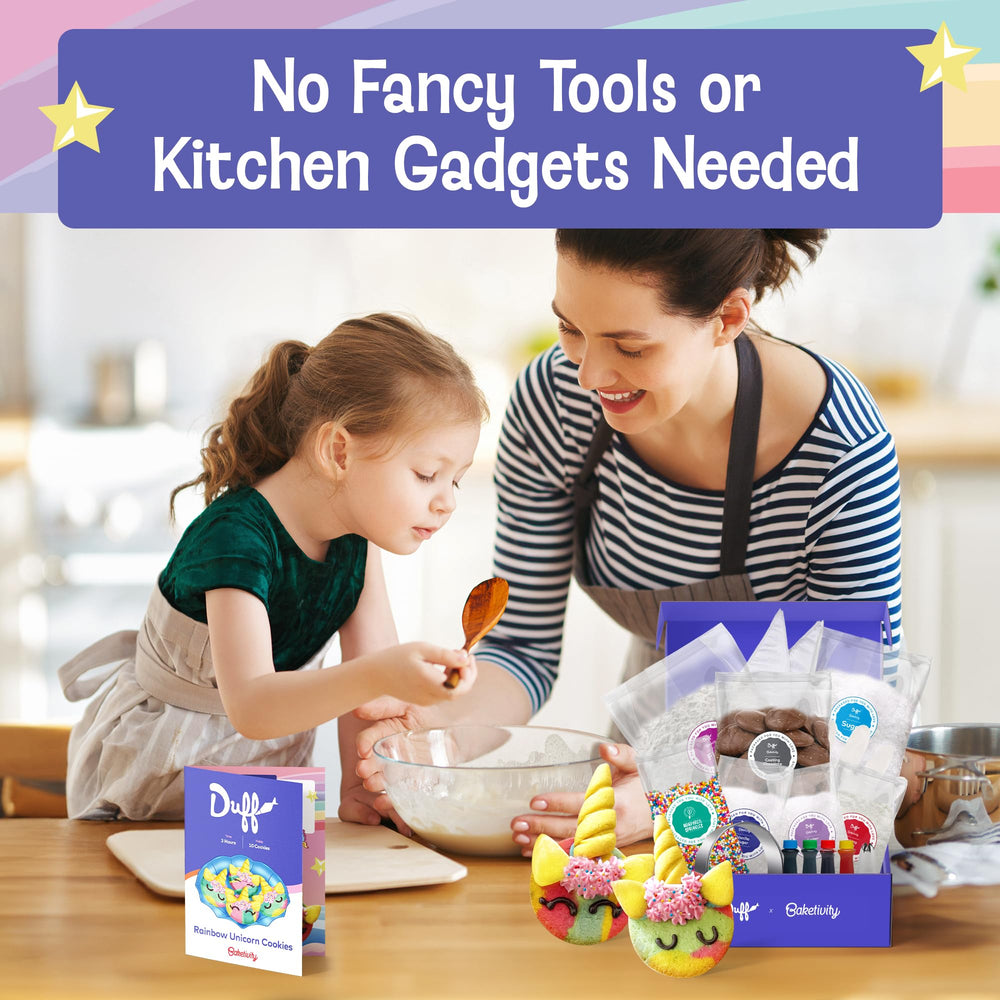 Baketivity family baking moment with kids shaping rainbow unicorn cookies.