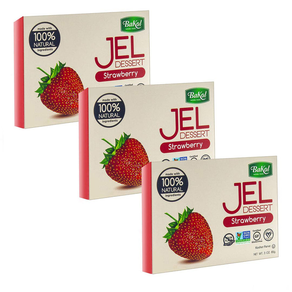 Bakol Jel Dessert strawberry pack of 3 boxes, a convenient vegan treat.