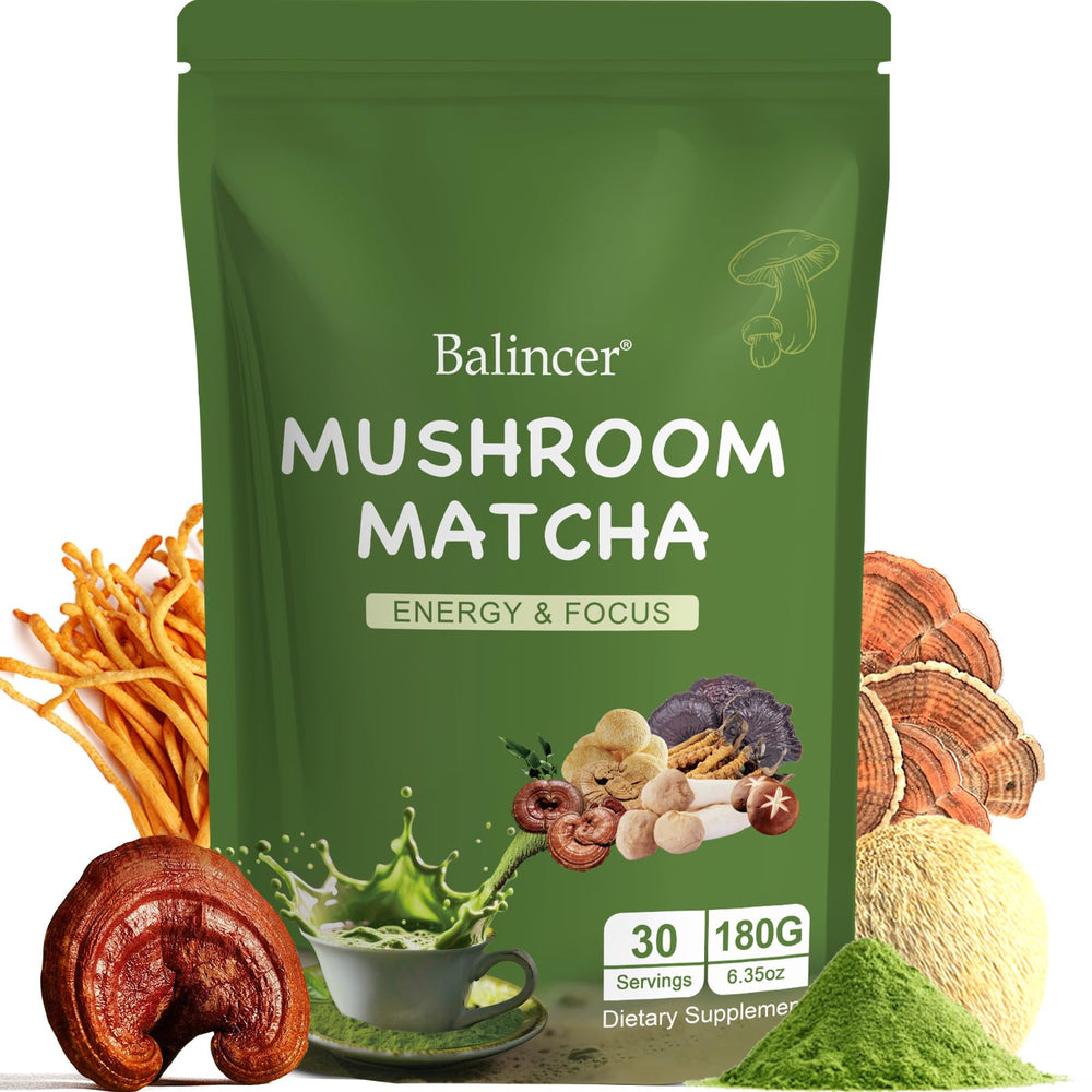 Balincer Mushroom Matcha bag open, showcasing the fresh blend for daily focus and energy.