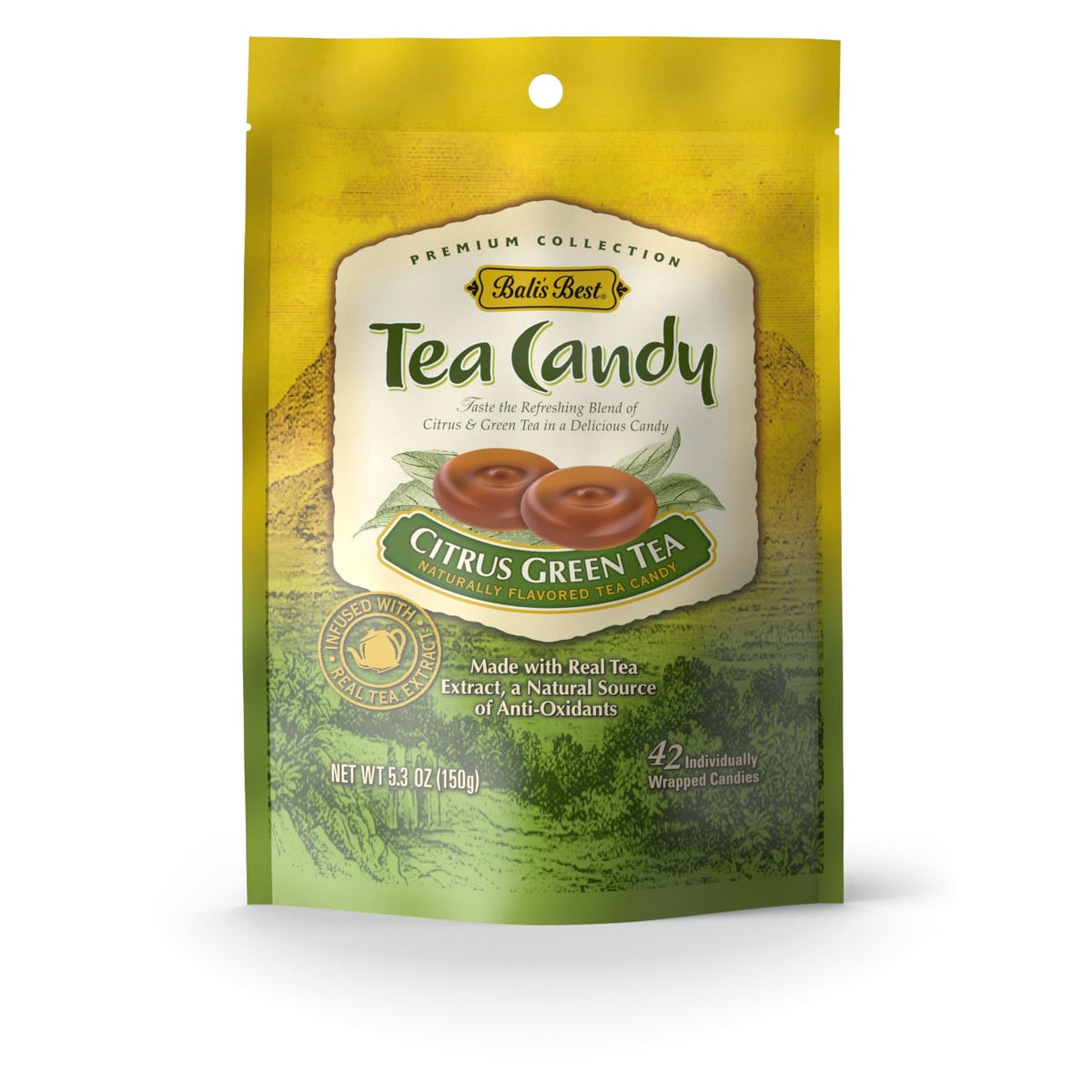 Bali's Best Citrus Green Tea Candy pack shot highlights bright citrus flavor for a refreshing break.