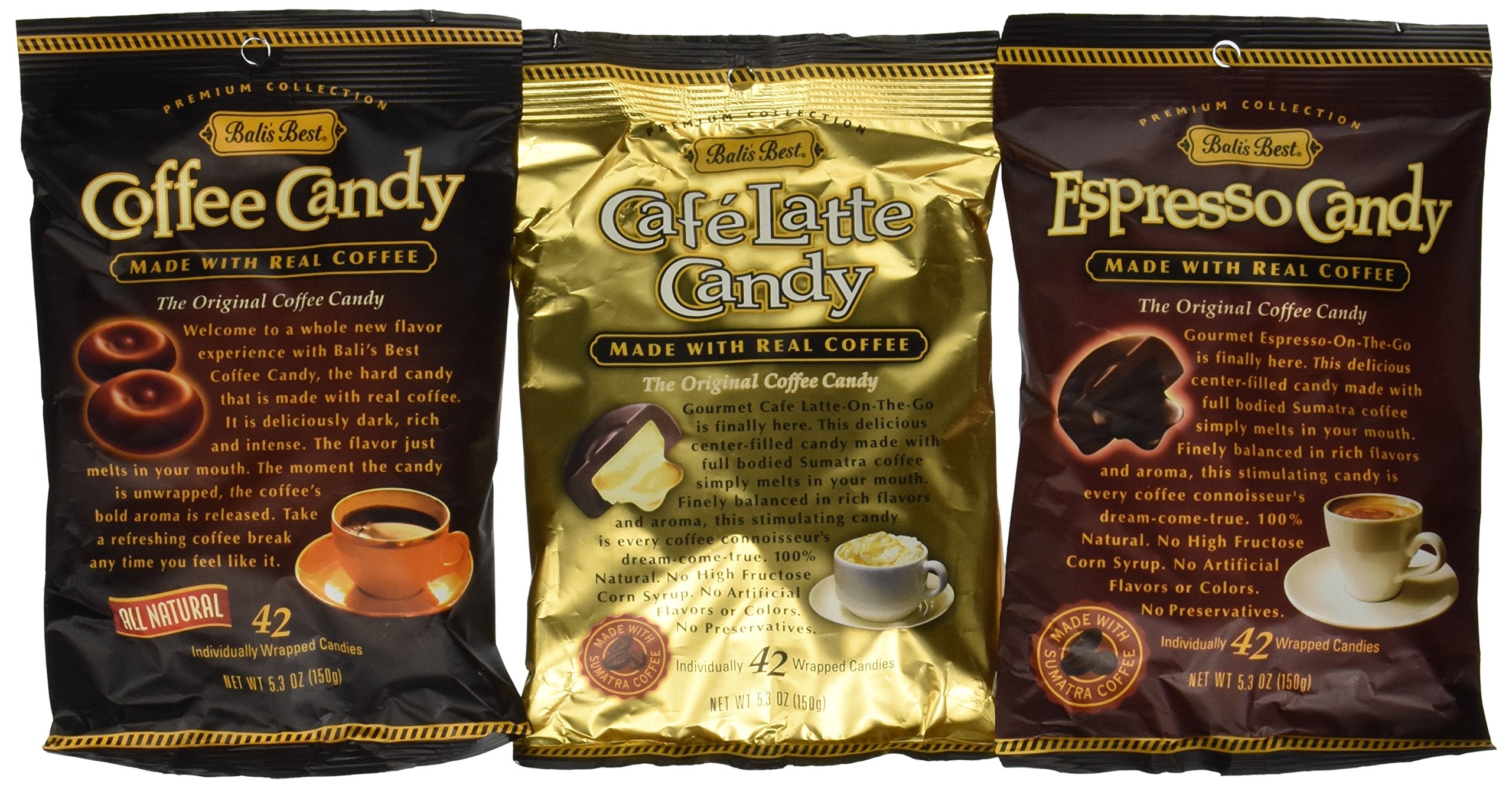 Bali's Best Coffee Candy Three Pack front view highlights gift-worthy presentation and flavor variety.