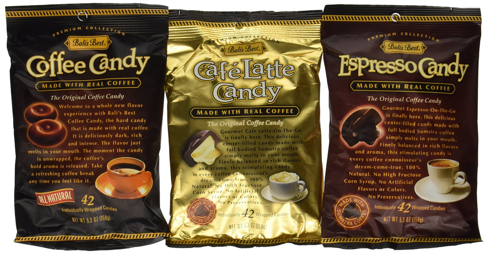 Bali's Best Coffee Candy Three Pack front view highlights gift-worthy presentation and flavor variety.