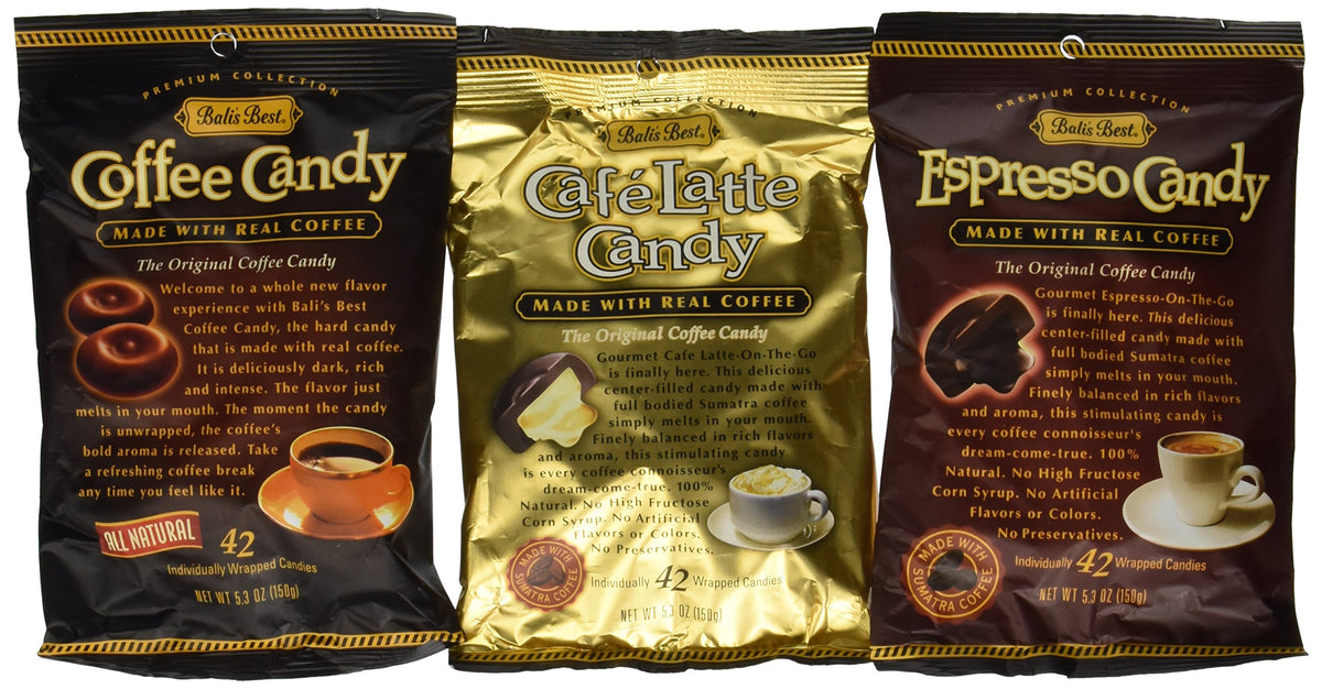 Bali's Best Coffee Candy Three Pack front view highlights gift-worthy presentation and flavor variety.