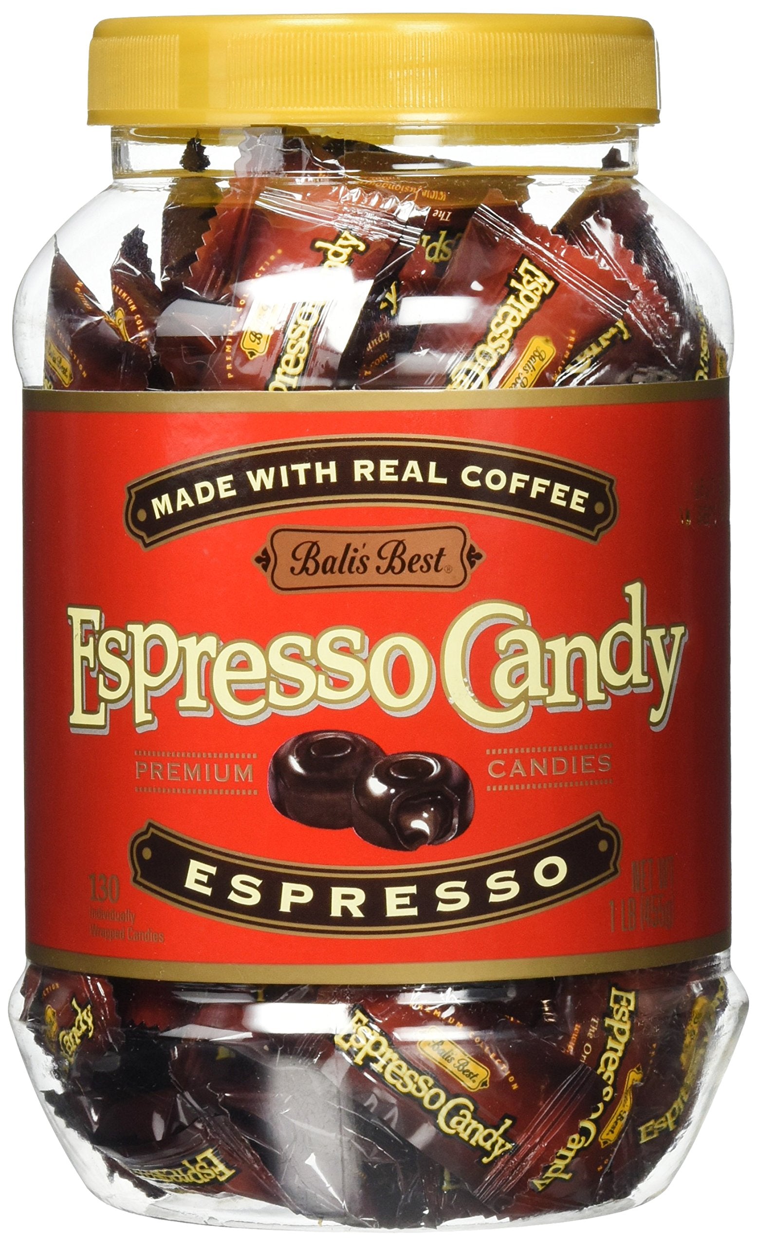 Bali's Best espresso candy jar with individually wrapped pieces for on-the-go enjoyment