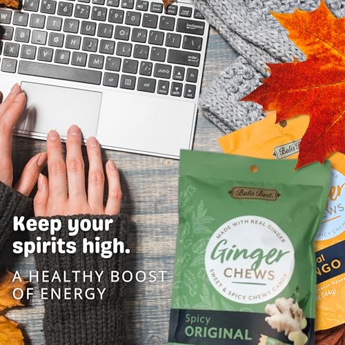 Foil-wrapped Bali's Best Ginger Chews pack highlighting freshness.