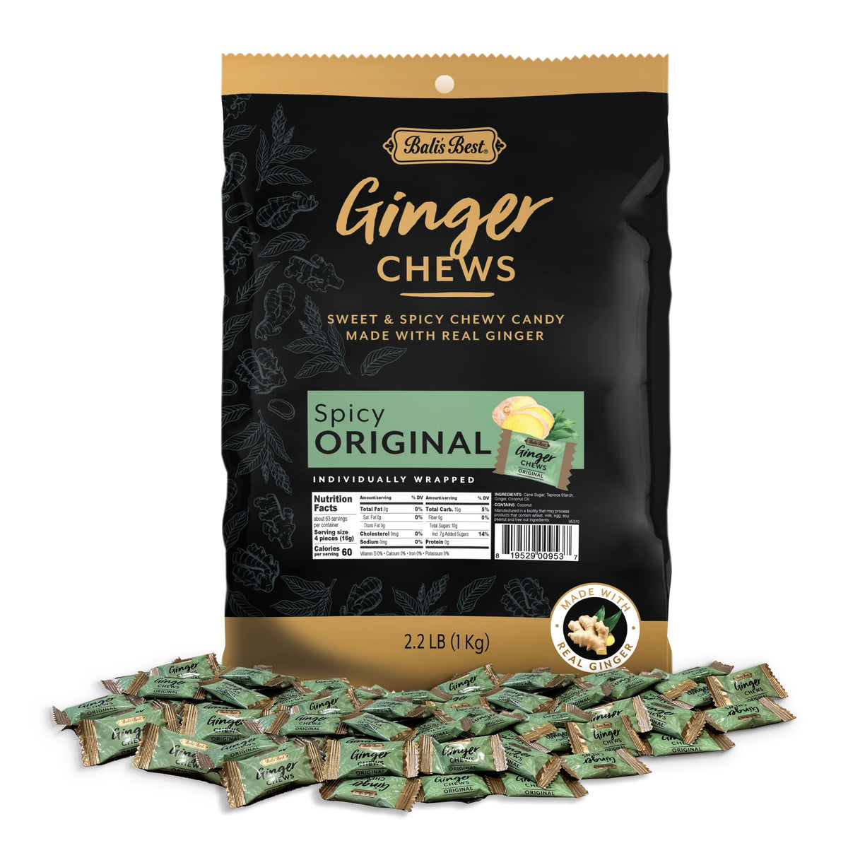 Bali's Best Ginger Chews front packaging shows spicy original flavor for on-the-go enjoyment.