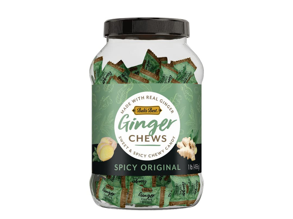 Bali's Best Ginger Chews jar shows spicy original flavor for on-the-go digestion.