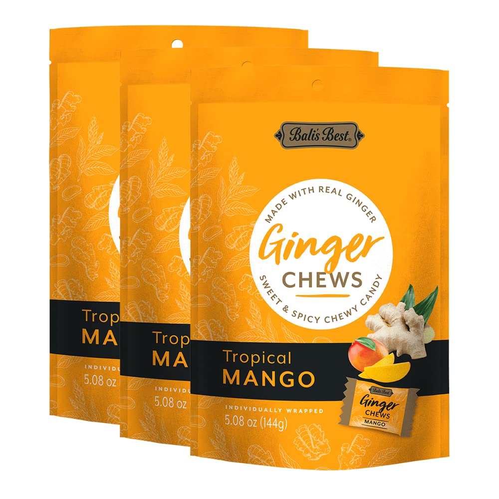 Bali's Best Ginger Chews Tropical Mango pack for on-the-go snacking.