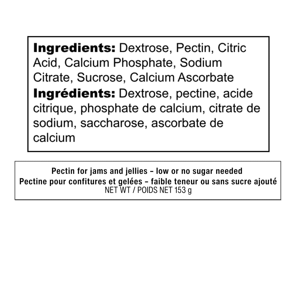 Ball Real Fruit Pectin bottle side view with scalable recipe guidance.