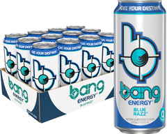 Bang Energy Blue Razz can angled for on-the-go energy and focus.