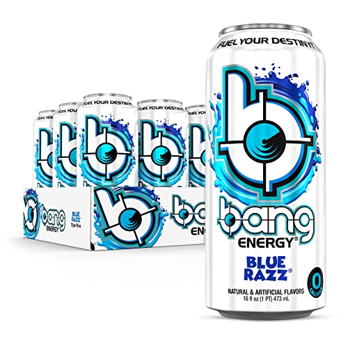 Bang Energy Blue Razz pouring into glass for a lasting caffeine boost.
