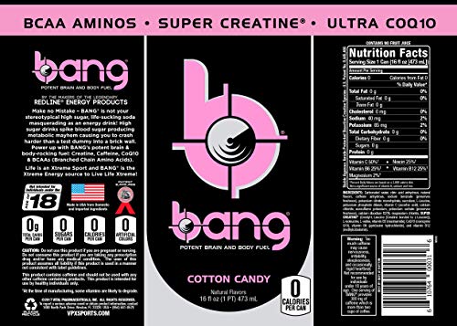 Bang Energy Cotton Candy can back view showing caffeine and nutrition highlights