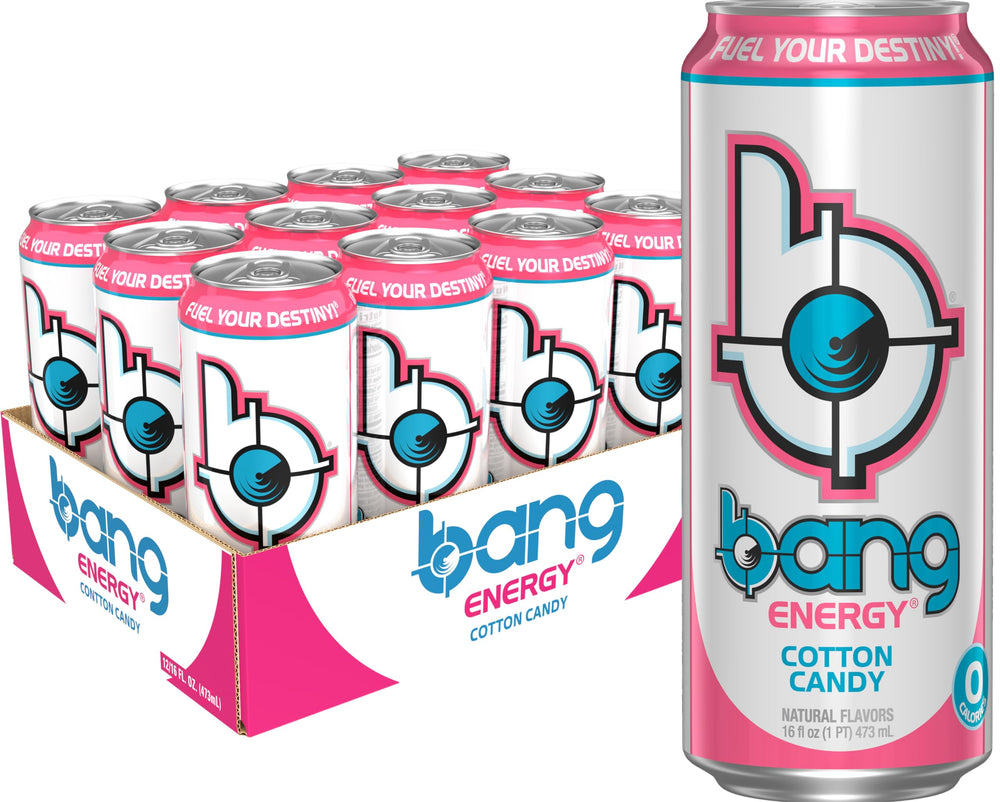 Bang Energy Cotton Candy can with color burst and fizz visual