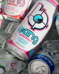 Bang Energy Cotton Candy label close-up noting gluten-free and vegan-friendly claims