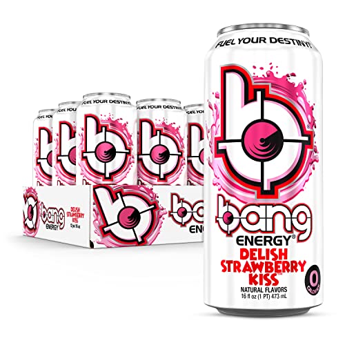 Bang Energy Delish Strawberry Kiss ingredients panel shows CoQ10 and EAAs.