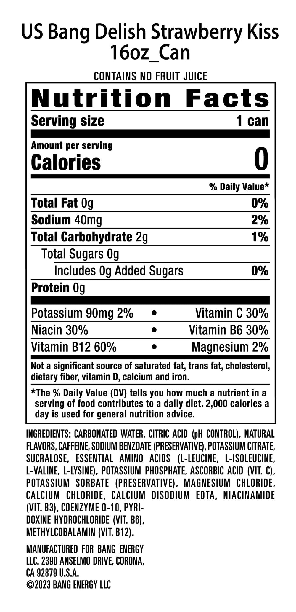 Bang Energy Delish Strawberry Kiss label closeup highlighting sugar-free formulation.