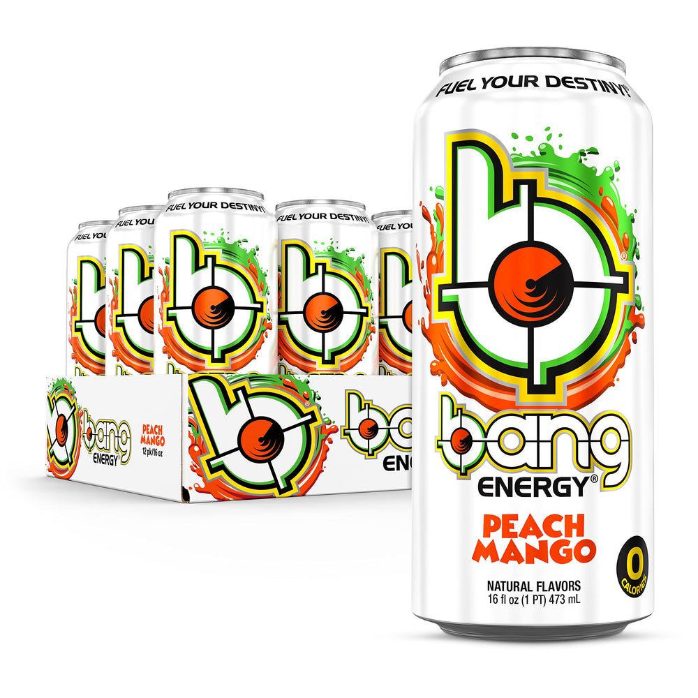 Bang Energy Peach Mango can front with bold flavor and sugar-free energy.