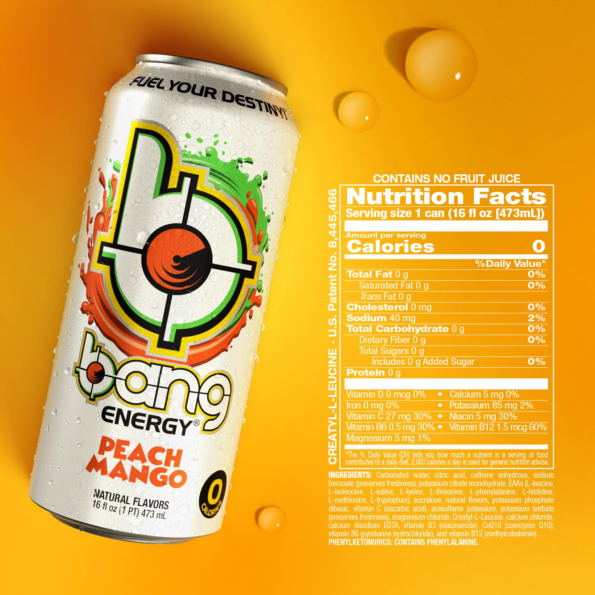 Bang Energy Peach Mango can side view showing nutrition label and caffeine content.