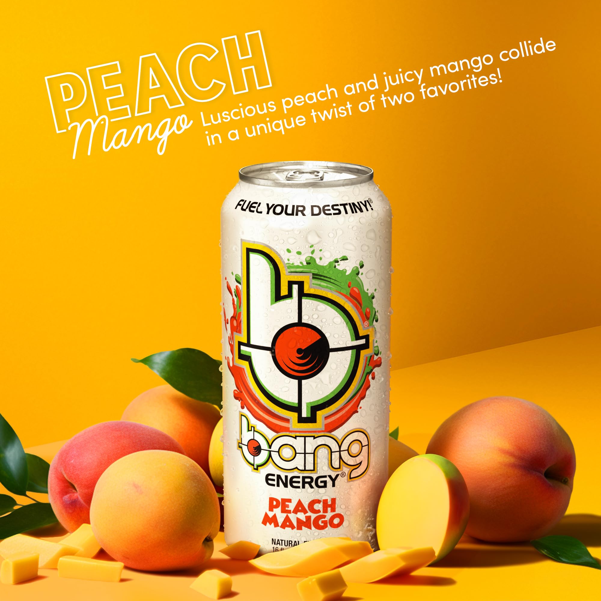 Bang Energy Peach Mango coq10-eaas emblem close-up highlighting essential amino acids.
