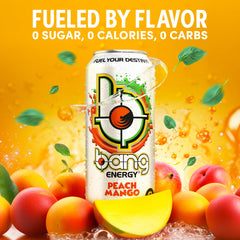 Bang Energy Peach Mango label close-up emphasizing gluten-free and vegan-friendly benefits.