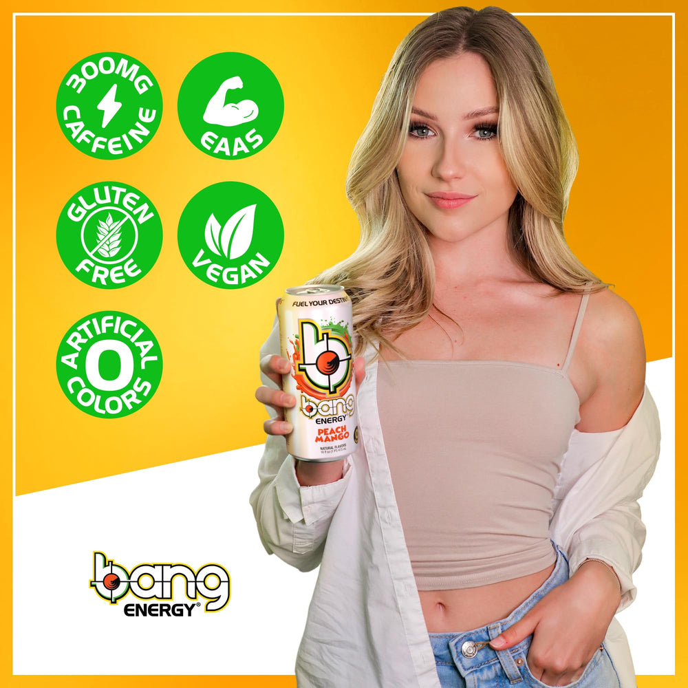 Bang Energy Peach Mango poured into a glass conveying refreshing, energizing moment.