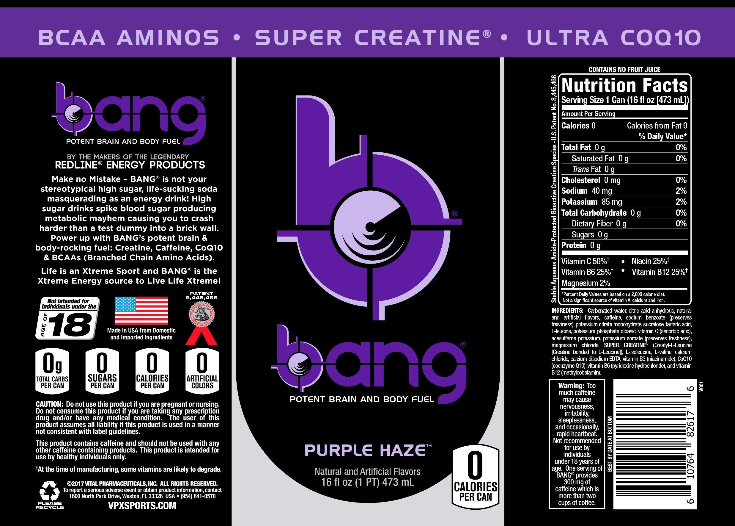 Bang Purple Haze bottle back reveals zero sugar nutrition for sustained drive