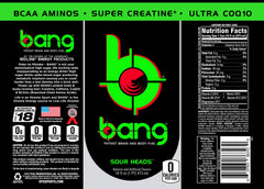Bang Sour Heads front label close-up highlights bold flavor and vegan-friendly formula.