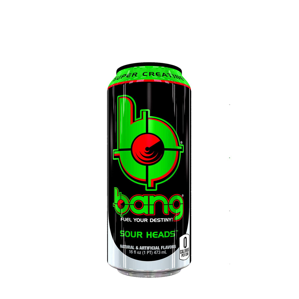 Bang Sour Heads can being poured into a glass emphasizes refreshing taste without sugar.