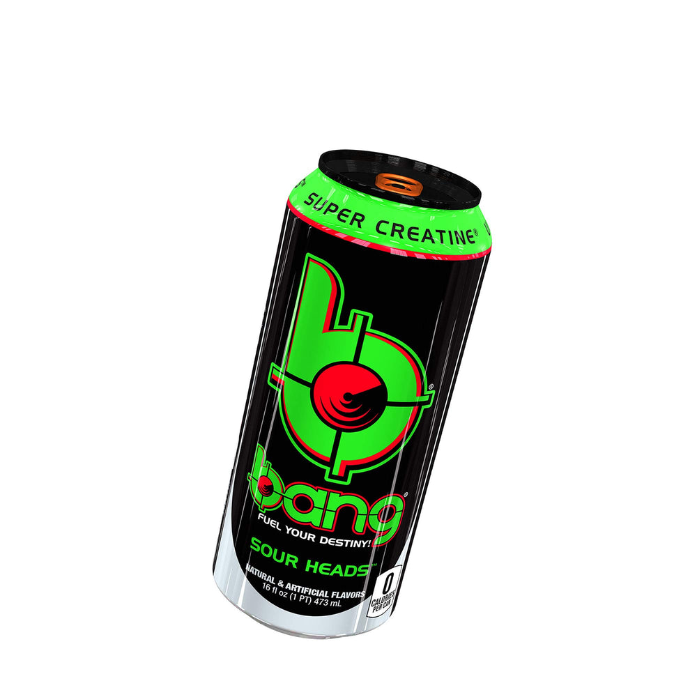 Bang logo close-up showcases energy drink branding and dynamic packaging.
