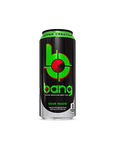 Bang Sour Heads on a store shelf suggests convenience for on-the-go energy.