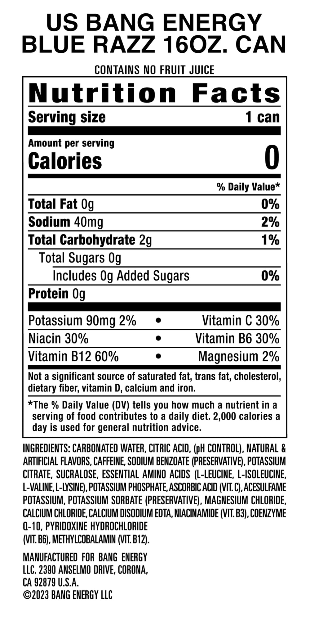 Bang Zero artificial colors-free claim on the can highlights clean ingredients.