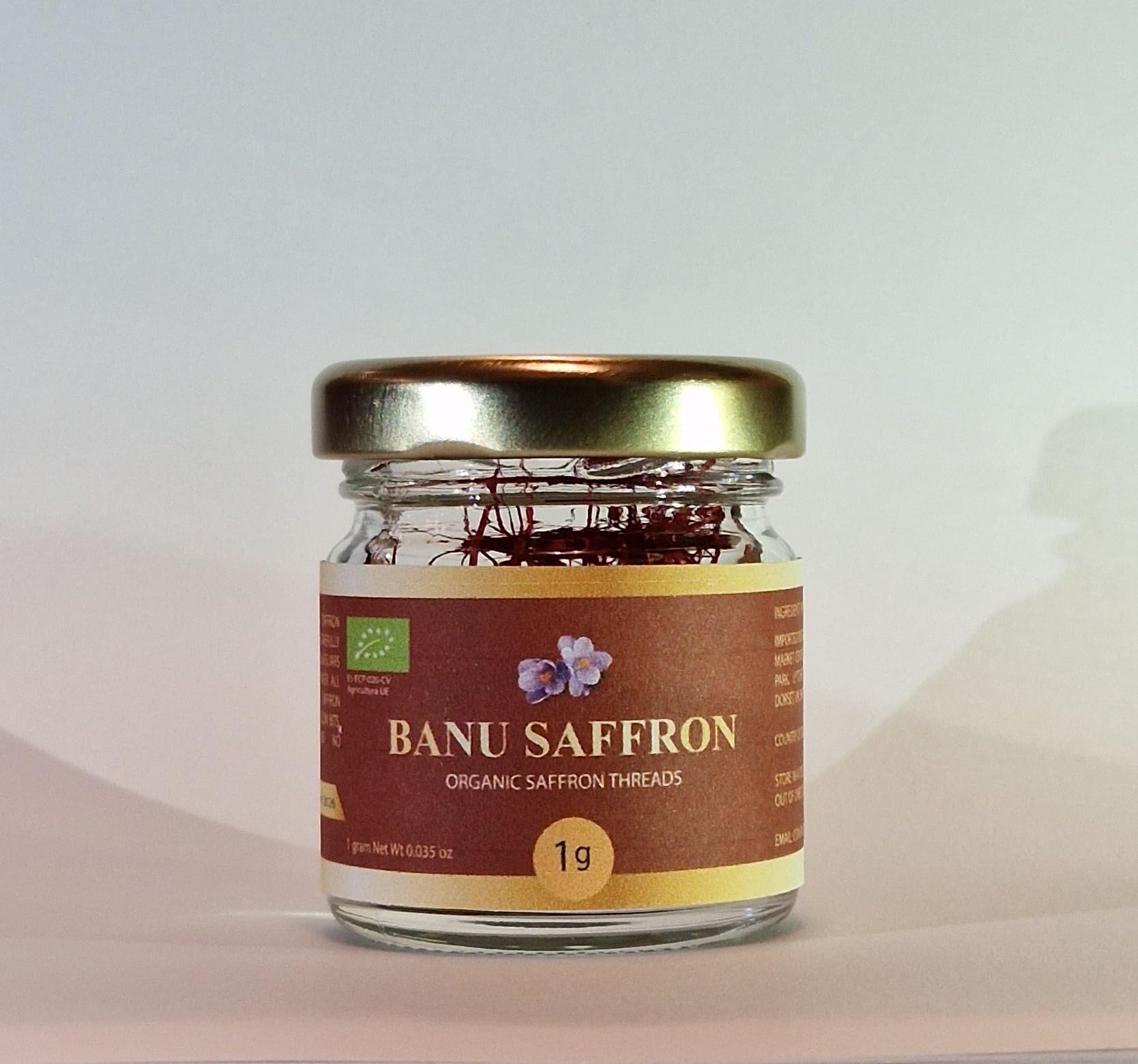 Banu Saffron organic saffron packaging highlights certified quality and freshness.