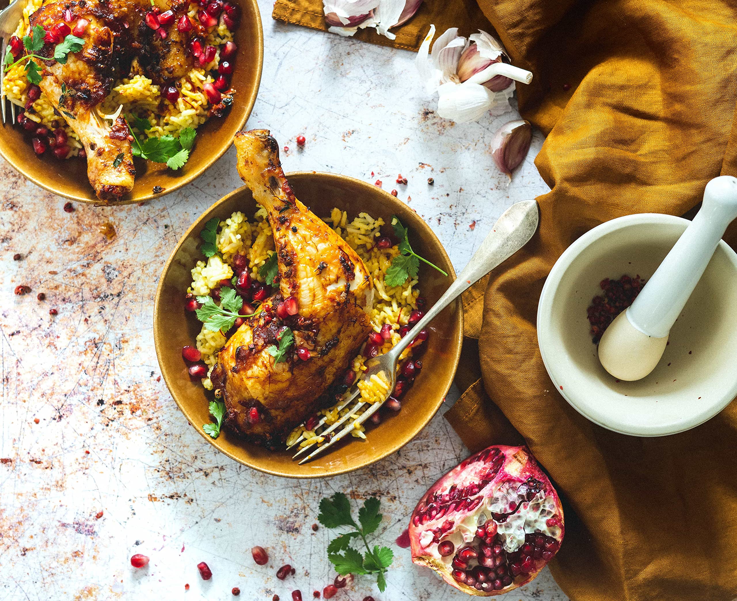 Organic saffron enhances curries and chicken with color.