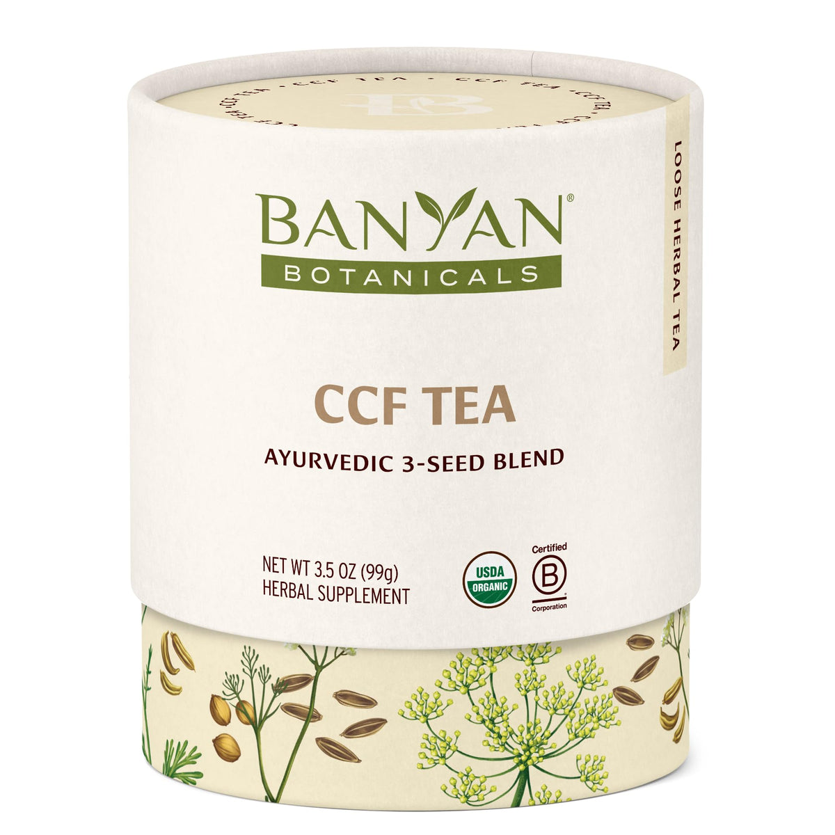 Banyan Botanicals CCF Tea packet for daily digestion support.