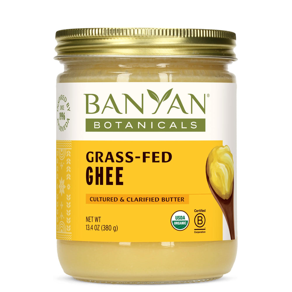 Banyan Botanicals grass-fed ghee jar ready for sautéing and cooking use